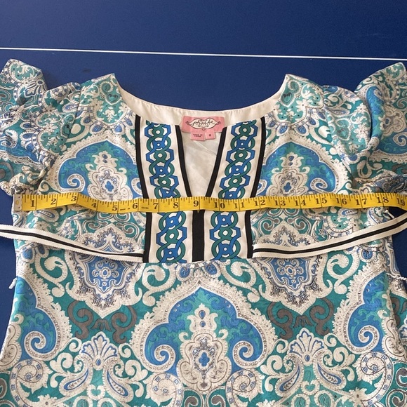Phoebe Couture Blue & Green Silk Boho Short Sleeves Mini Dress size 8 - Picture 12 of 14